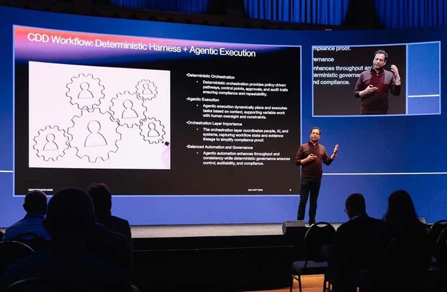 A speaker presenting on the CamundaCon main stage