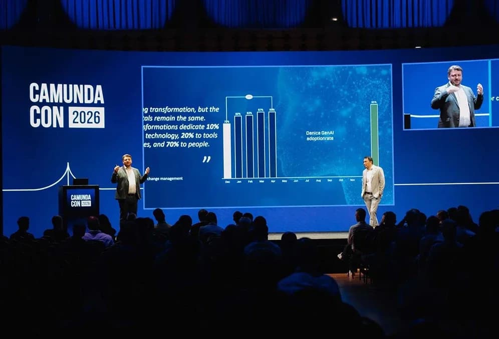 Two speakers presenting on the CamundaCon 2026 main stage