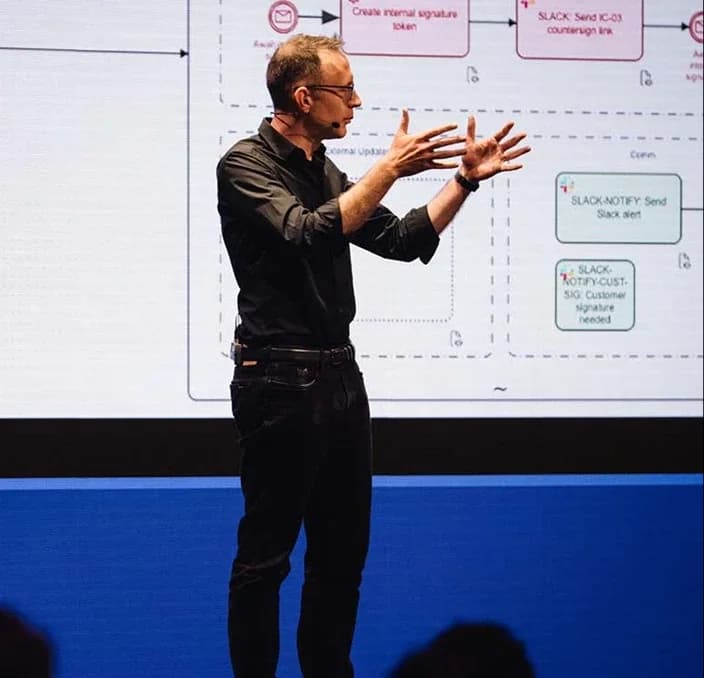 A speaker in front of a process diagram on stage