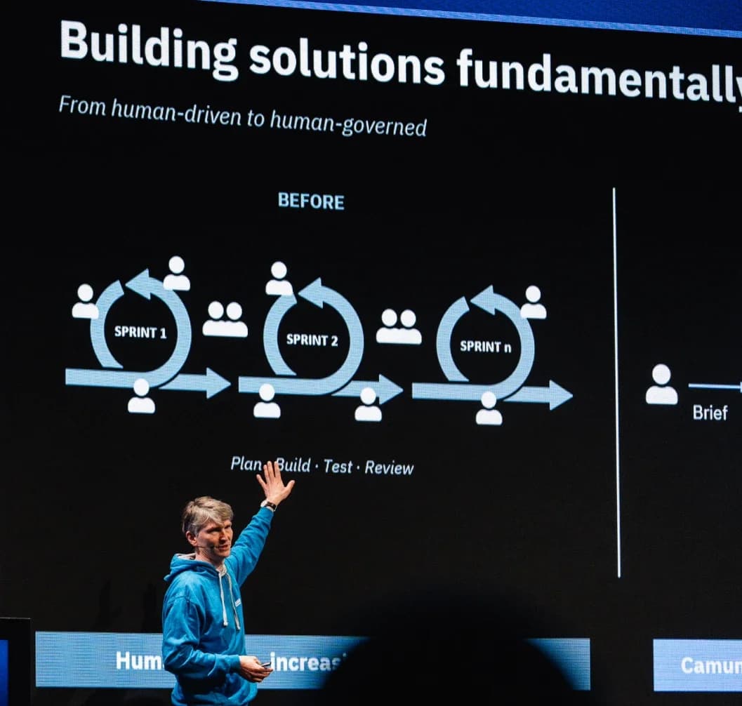 A speaker presenting a keynote slide at CamundaCon